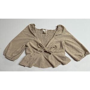 Women’s M Puff Sleeve Eyelet Blouse Boho Crop Top Baby Doll Cottage Gore Beige